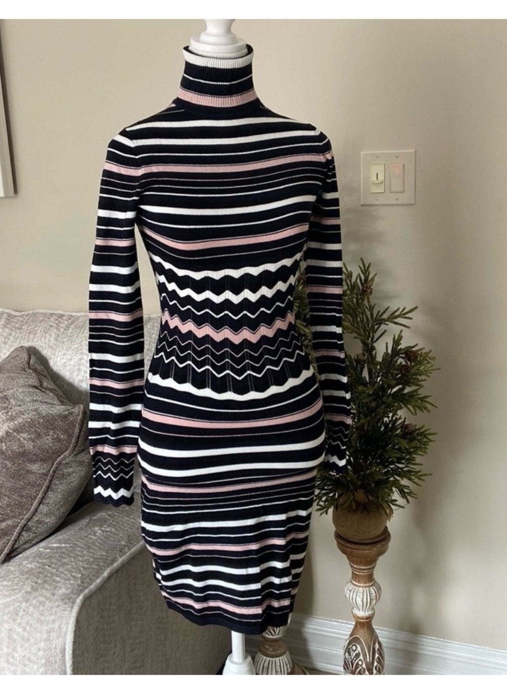 BEBE Black, White & Pink Striped Turtleneck Sweater Dress ($128)